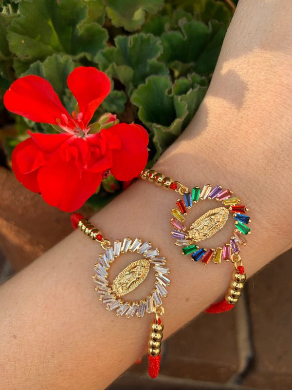 Gold Plated Colorful Rhinestone CZ Virgin Mary Bracelet Virgen De Guadalupe Pulsera 8  Adjustable Sale