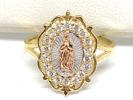 14k Solid Gold Yellow Tri-Color Virrgin Mary CZ Elegant Ring Fashion