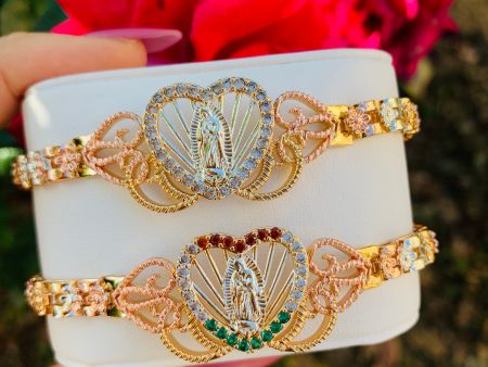 Gold Plated Tri-Color Virgin Mary Heart Bracelet Virgen De Guadalupe Pulsera Tres Colores Oro Laminado 8  Supply