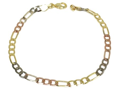 Gold Plated Tri-Color Figaro Bracelet 8” 5mm Width Esclava on Sale