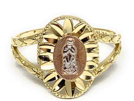 14k Solid Gold Yellow Tri-Color Virrgin Mary Layered Ring For Cheap