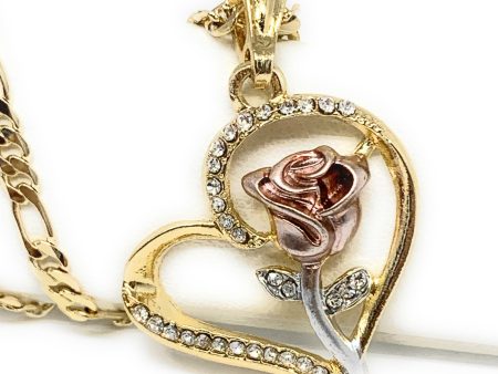 Gold Plated Tri-Color Heart Rose CZ Pendant Necklace Chain 24” For Cheap