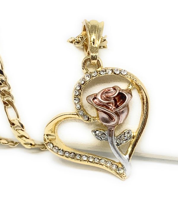 Gold Plated Tri-Color Heart Rose CZ Pendant Necklace Chain 24” For Cheap