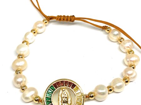 Gold Plated Colorful CZ Virgin Mary Pearl Bracelet Virgen De Guadalupe Pulsera 8  Adjustable Fashion