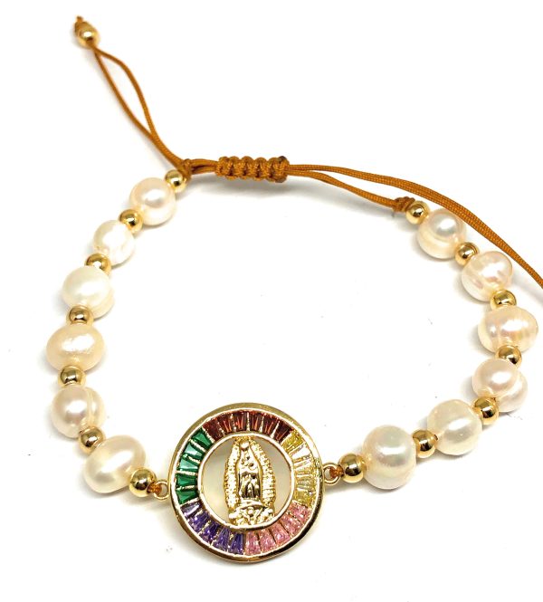 Gold Plated Colorful CZ Virgin Mary Pearl Bracelet Virgen De Guadalupe Pulsera 8  Adjustable Fashion