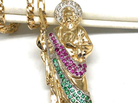 14k Solid Gold Yellow WHITE, RED, GREEN CZ Saan Judas Saaint Jude Pendant with Chain Optional (MED) Fashion