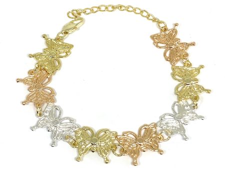 Gold Plated Tri-Color Butterfly Charm Bracelet 6.5-8 inch adjustable Discount