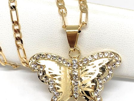 Gold Plated Butterfly CZ Pendant Necklace Chain 24” Fashion