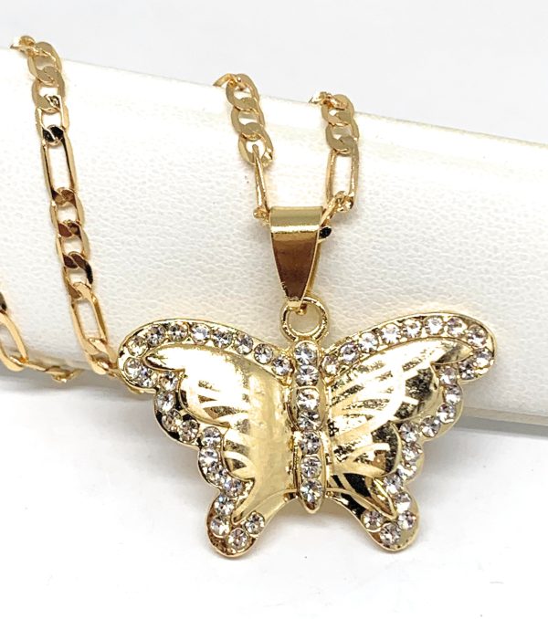 Gold Plated Butterfly CZ Pendant Necklace Chain 24” Fashion