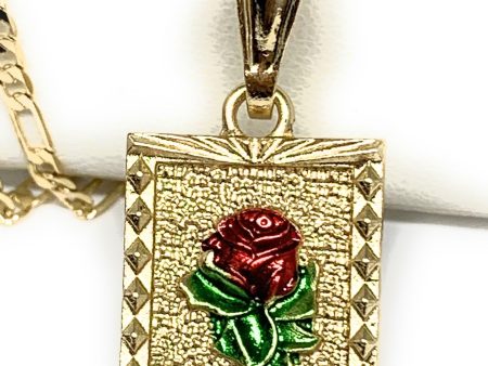 Gold Plated Rose Square Portrait Pendant Necklace Chain 24” Flor Hot on Sale