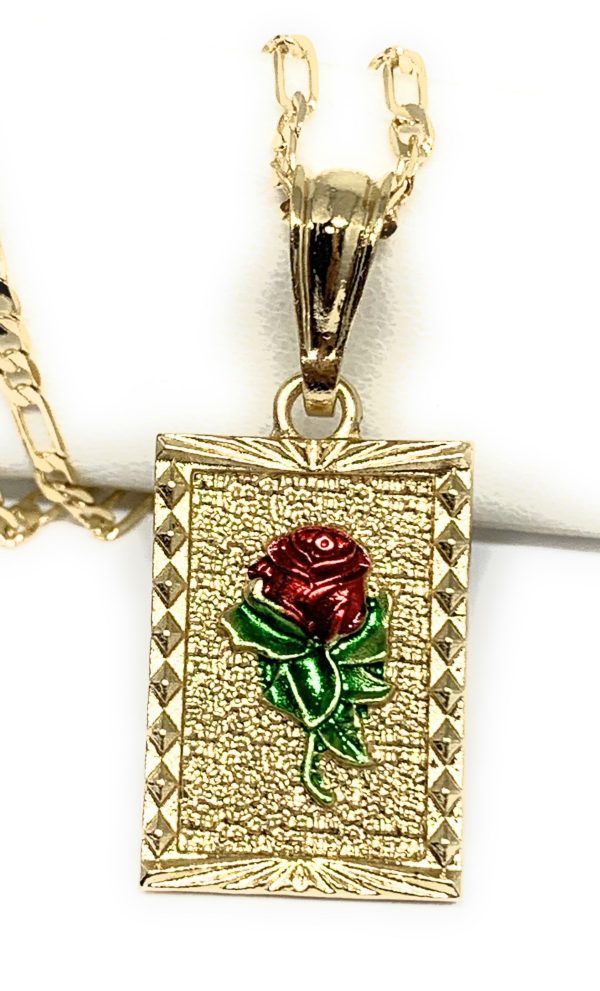 Gold Plated Rose Square Portrait Pendant Necklace Chain 24” Flor Hot on Sale