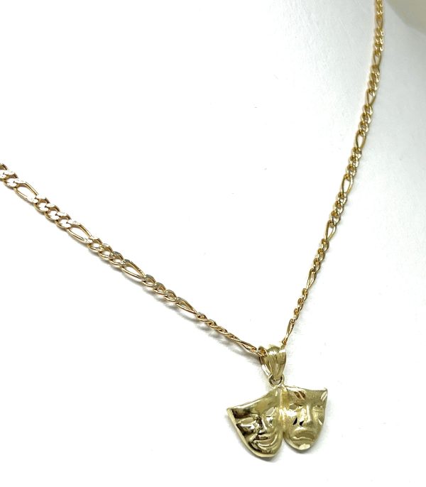 10k Solid Gold Classic Drama Faces (SMILE NOW CRY LATER) Pendant Necklace with Figaro Chain Supply