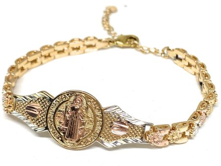 Gold Plated Tri-Color Saint Benedict Bracelet San Benito Pulsera  Oro Laminado 8  Online Hot Sale