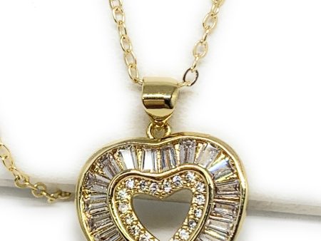 Gold Plated Layered Heart Cubic Zirconia Pendant Necklace Chain 20” For Cheap