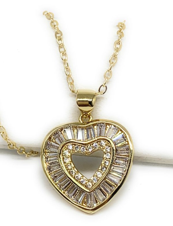 Gold Plated Layered Heart Cubic Zirconia Pendant Necklace Chain 20” For Cheap