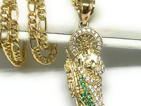 14k Solid Gold Yellow White, Green CZ Saan Judas Saaint Jude Necklace Pendant on Sale