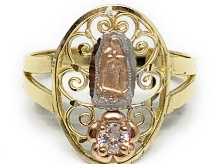 14k Solid Gold Yellow Tri-Color Virrgin Mary CZ Filigran Flower Ring Online