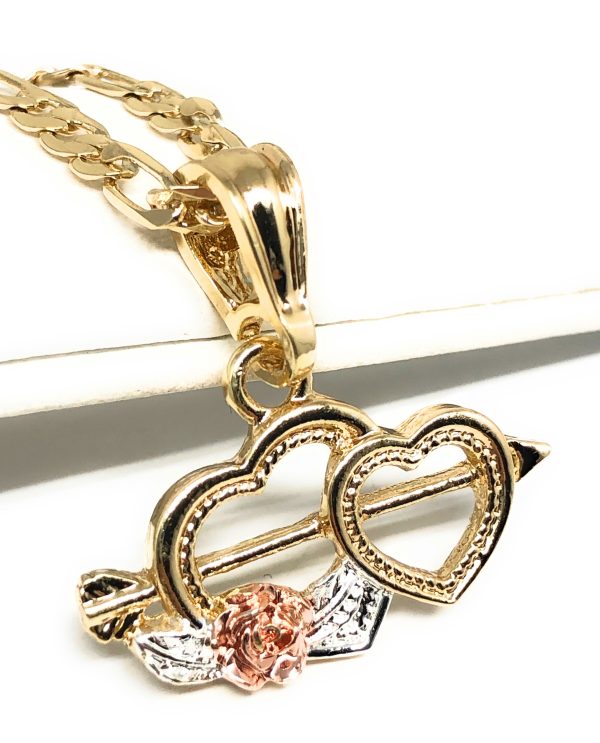 Gold Plated Tri-Color Double Heart Rose Pendant Necklace Chain 24” Corazón Medalla on Sale