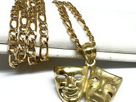 10k Solid Gold Classic Drama Faces (SMILE NOW CRY LATER) Pendant Necklace with Figaro Chain Supply