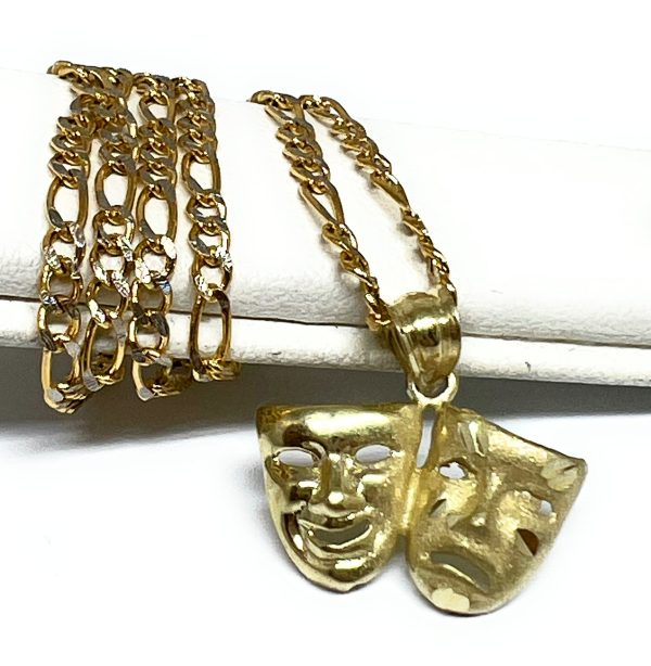 10k Solid Gold Classic Drama Faces (SMILE NOW CRY LATER) Pendant Necklace with Figaro Chain Supply