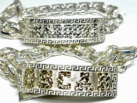 .925 Silver CHINO LINK GREEK BORDER (MEANDROS) SUPERIMPOSED (SOBREPUESTO) CUSTOMIZED 3D NAME BRRACELET 8.5 INCH 10.5MM WIDTH (MADE IN MX) (LG, MED) Hot on Sale