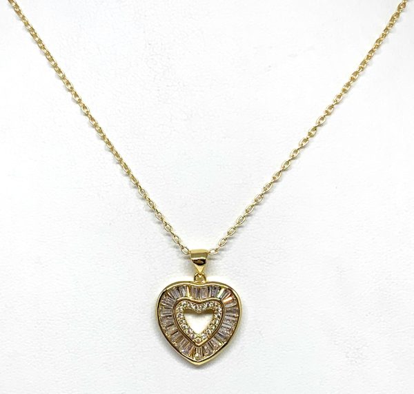 Gold Plated Layered Heart Cubic Zirconia Pendant Necklace Chain 20” For Cheap