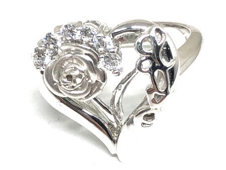 .925 Silver & White Gold Rhodium Rose & Heart Cubic Zirconia Ring Hot on Sale