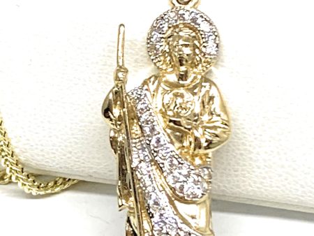 14k Solid Gold Yellow White CZ Saan Judas Saaint Jude Pendant with Chain Optional (SM) For Cheap