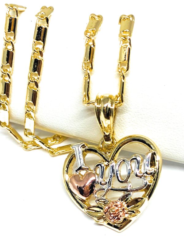 Gold Plated Heart  I Love you  Rose Pendant Necklace Chain 24” Corazón Medalla Online now