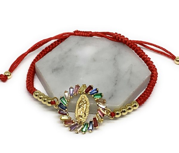 Gold Plated Colorful Rhinestone CZ Virgin Mary Bracelet Virgen De Guadalupe Pulsera 8  Adjustable Sale