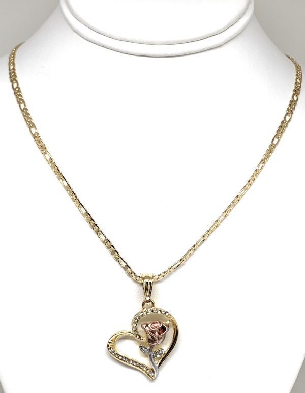 Gold Plated Tri-Color Heart Rose CZ Pendant Necklace Chain 24” For Cheap