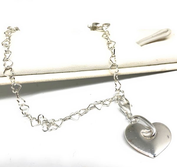 .925 Silver Heart Charm Braccelet 7 inch on Sale