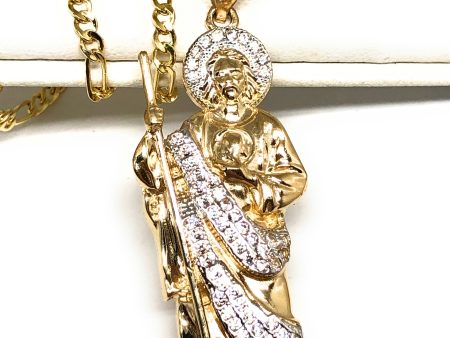 14k Solid Gold Yellow White CZ Saan Judas Saaint Jude Pendant with Chain Optional (SM,MED) Cheap