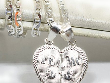 .925 Silver  TE AMO  SMALL HEART SPLIT Pendant Necklace (MADE IN MX) Online Hot Sale