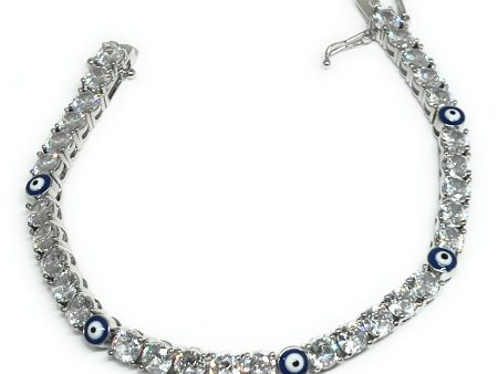 Gold Plated White Gold Evil Eye BLUE CZ Tennis Bracelet 7.5 inch Sale