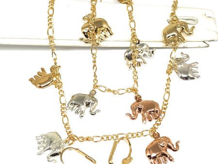 Gold Plated Tri-Color Elephant Charm SET (NECKLACE, EARRINGS, BRACELET) Supply