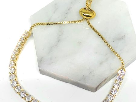 Gold Plated Cubic Zirconia Baguette Adjustable Tennis Bracelet 8” Box Chain For Sale