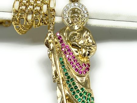 14k Solid Gold Yellow White, Green, Red CZ Saan Judas Saaint Jude Pendant with Chain Optional Online Hot Sale