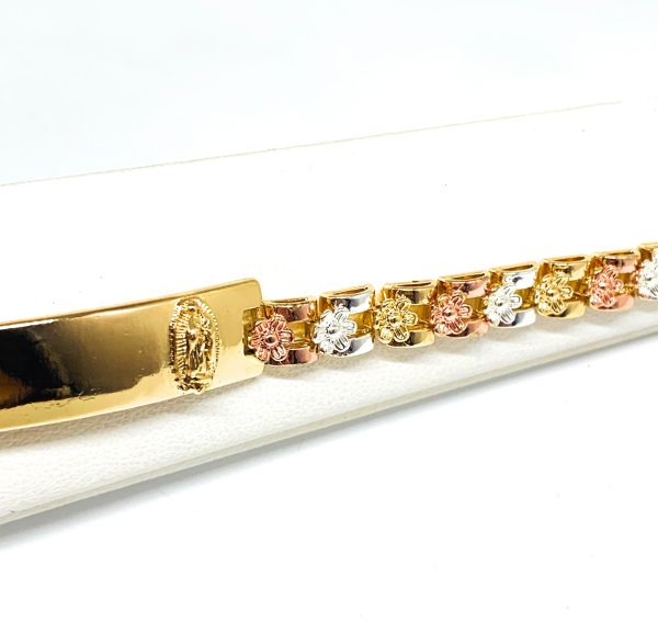 Gold Plated Tri-Color Virgin Mary Flower ID Bracelet 7.5” 5.5mm Width Esclava For Discount