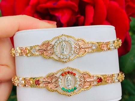 Gold Plated Tri-Color Round Virgin Mary Butterfly Bracelet Virgen De Guadalupe Pulsera  8  For Cheap