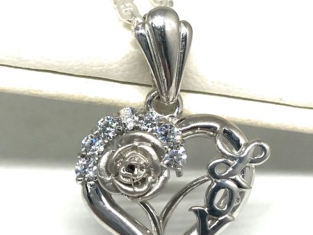 .925 Silver & White Gold Rhodium Heart & Rose Love Pendant CZ Necklace with Chain Options Cheap