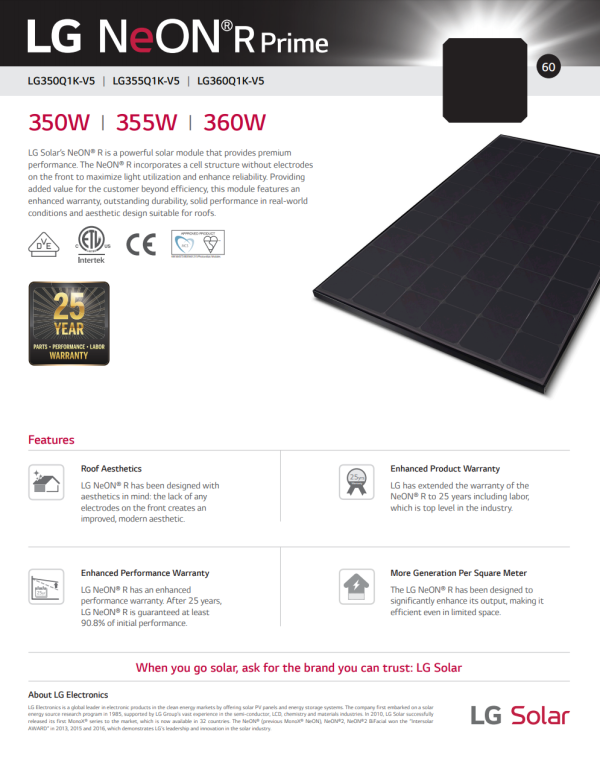 LG 360W NeON R Prime LG360Q1K-V5 Black Frame Solar Panel - 19.6% Max Efficiency 360W Panel for Homes & Commercial (Single Panel) Supply