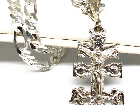 .925 Silver Caravaca Jesus Cross Crucifix Pendant Necklace with Figaro Chain Online Hot Sale