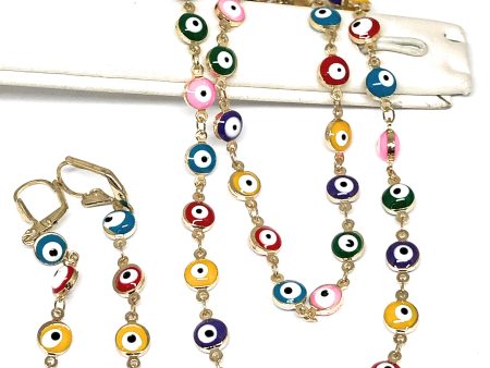 Gold Plated MULTI-COLOR EVIL EYE SET (NECKLACE, BRACELET, EARRINGS) Fashion