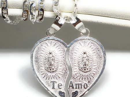 .925 Silver DOUBLE VIRRGIN MARY  TE AMO  SMALL HEART SPLIT Pendant Necklace (MADE IN MX) (SM,MED,LG) Discount