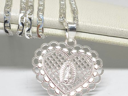 .925 Silver Virrgin Marry HEART FILIGREE Pendant Necklace (MADE IN MX) Online now