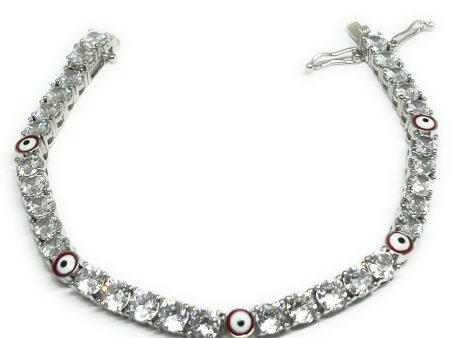 Gold Plated White Gold Evil Eye RED CZ Tennis Bracelet 7.5 inch on Sale