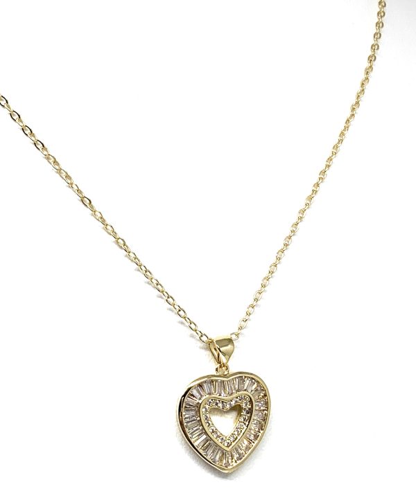 Gold Plated Layered Heart Cubic Zirconia Pendant Necklace Chain 20” For Cheap