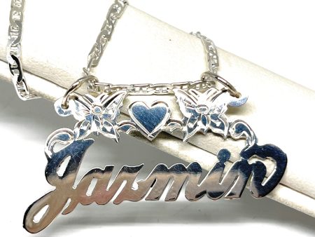 .925 Silver Cursive Butterflies & Heart Custom Nameplate Pendant Necklace with Chain Options Online now