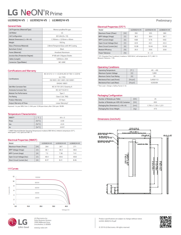 LG 360W NeON R Prime LG360Q1K-V5 Black Frame Solar Panel - 19.6% Max Efficiency 360W Panel for Homes & Commercial (Single Panel) Supply